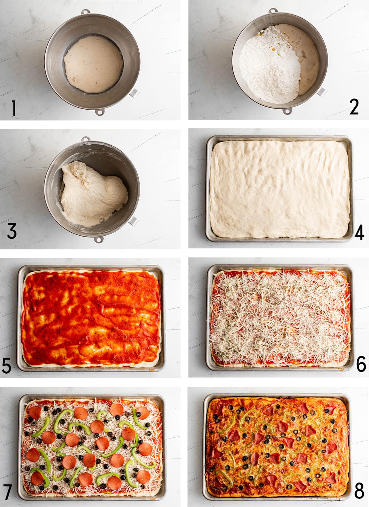 Collage of images to make sheet pan pizza.