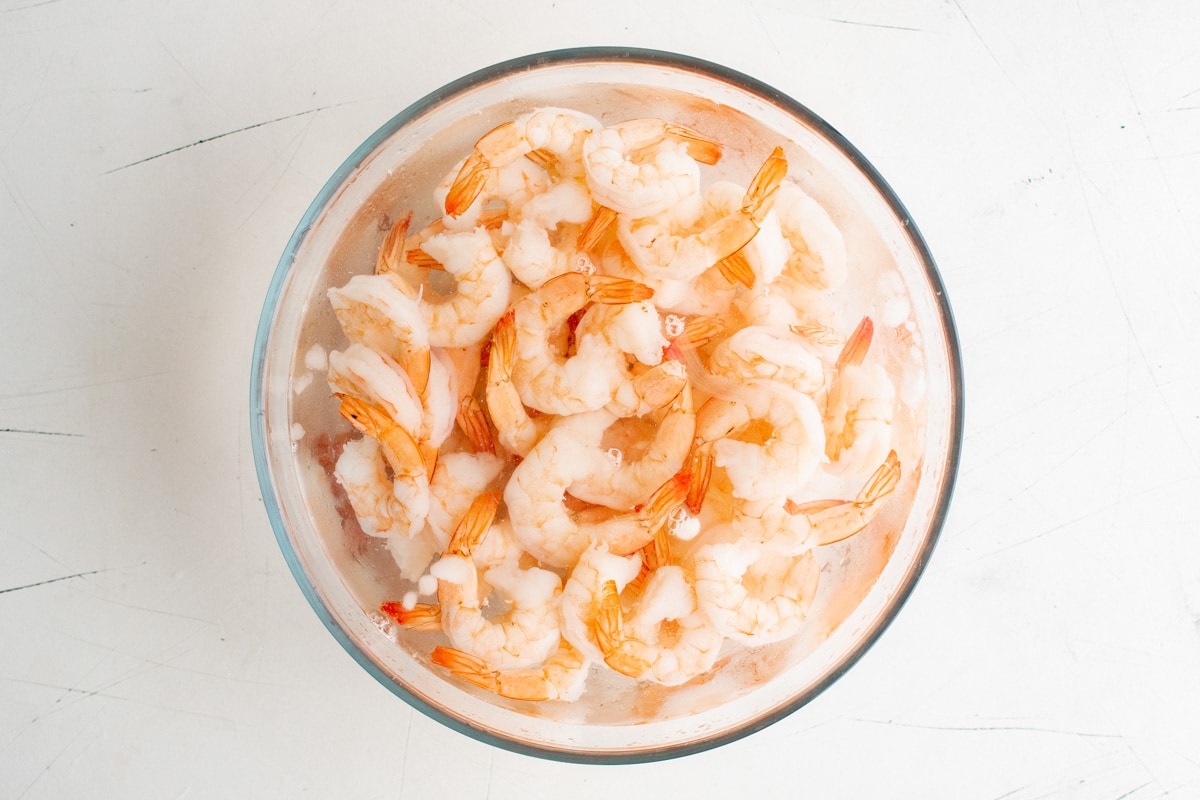Plate with cooked shrimp. 