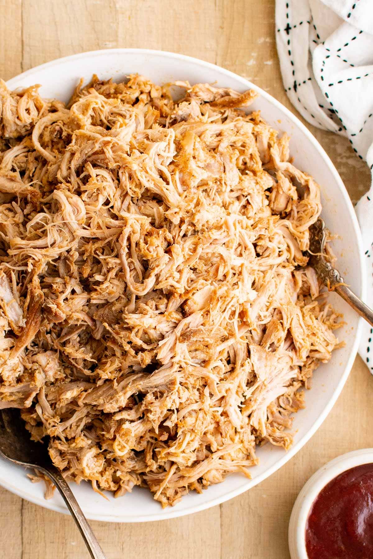 Platter of shredded pulled pork.