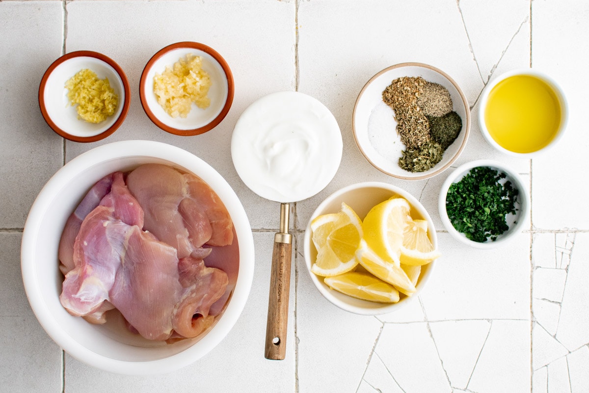 Ingredients for grilled chicne thighs with yogurt marinade. 