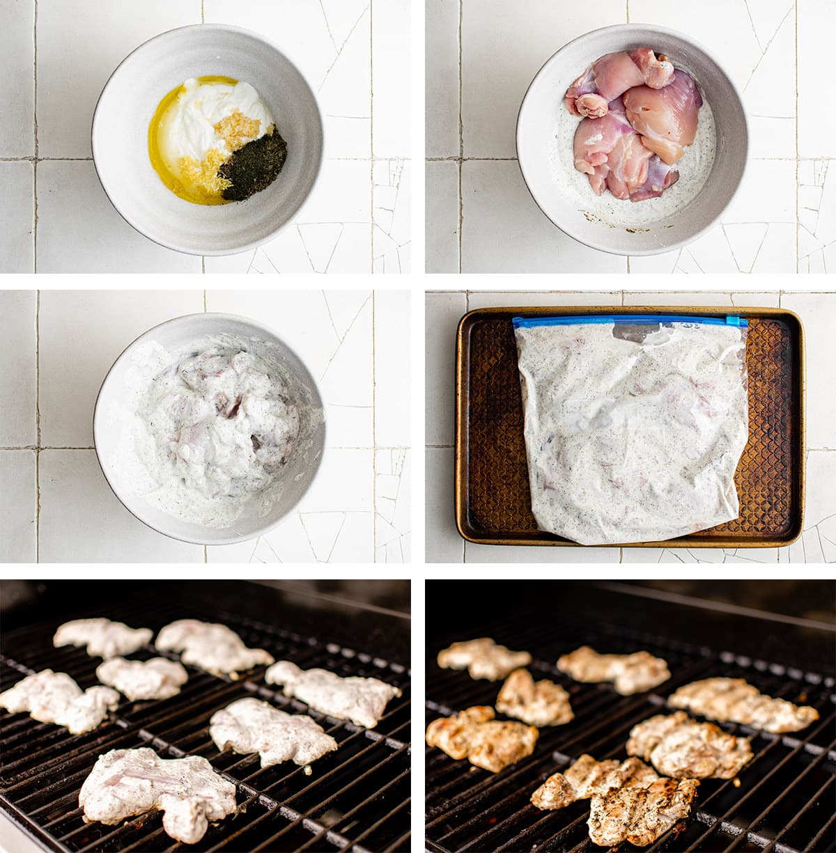 Collage of images showing how to make greek yogurt marinated chicken thigsh. 