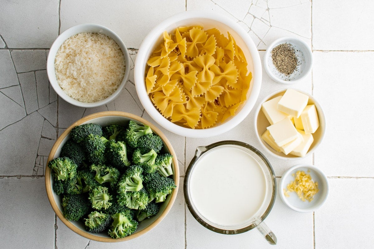Ingredients for broccoli pasta with cheese. 