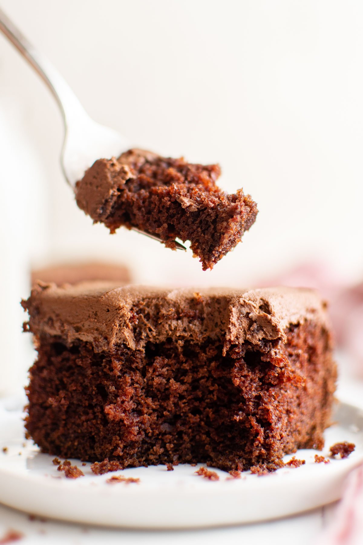 Slice of chocolate cake on a white plate and a bite on a fork.