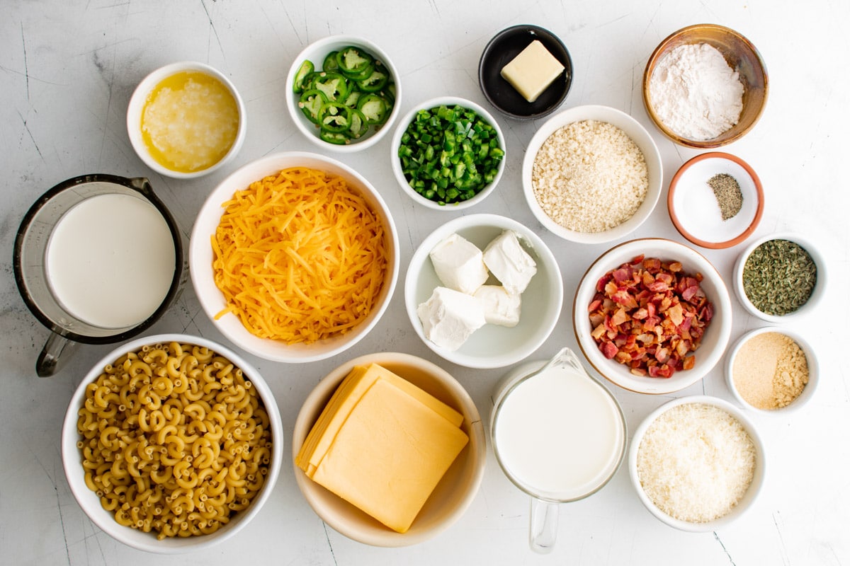Ingredients needed to make baked mac and cheese. 