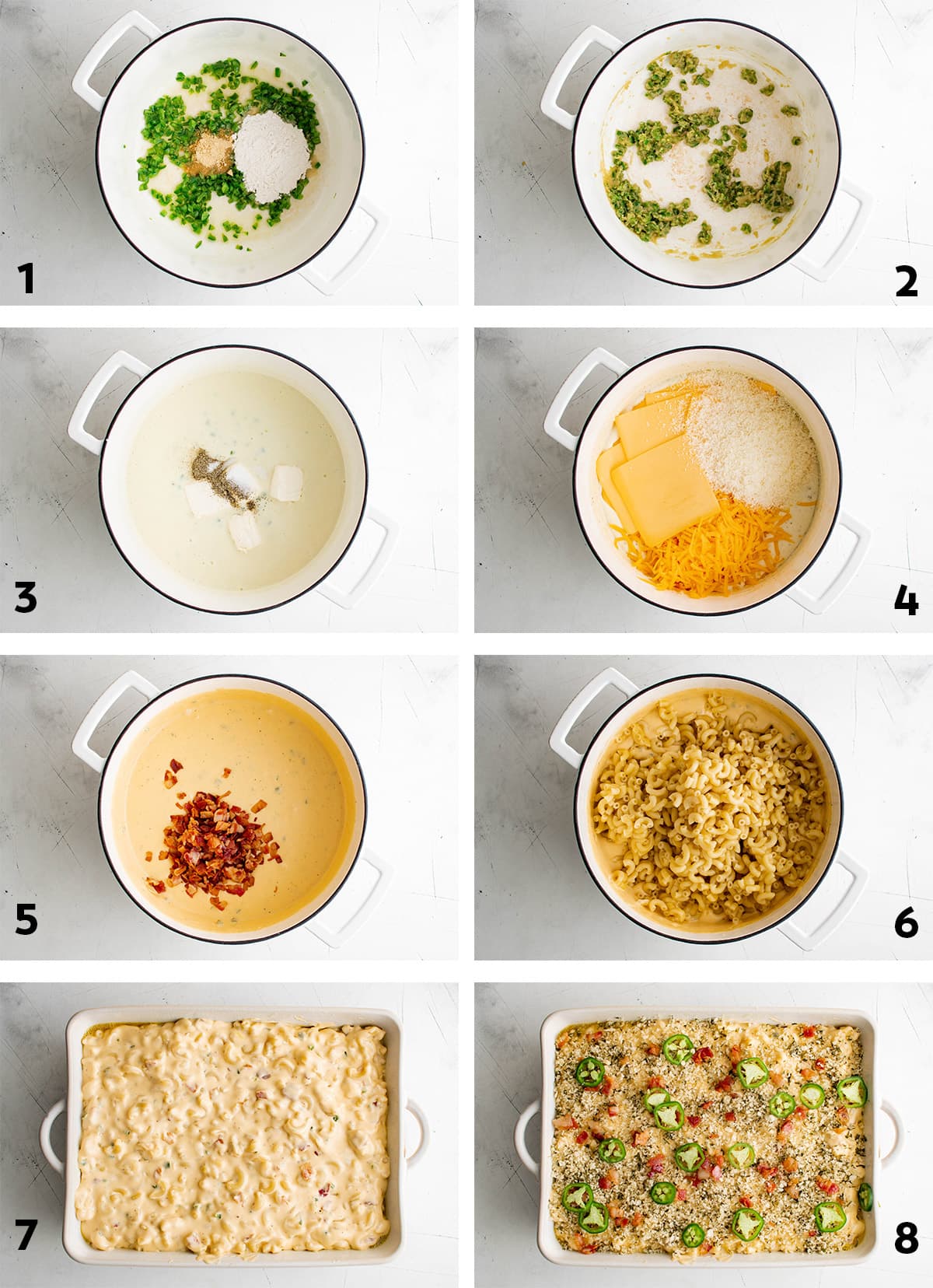 Collage of images showing the steps for making jalapeno mac and cheese.