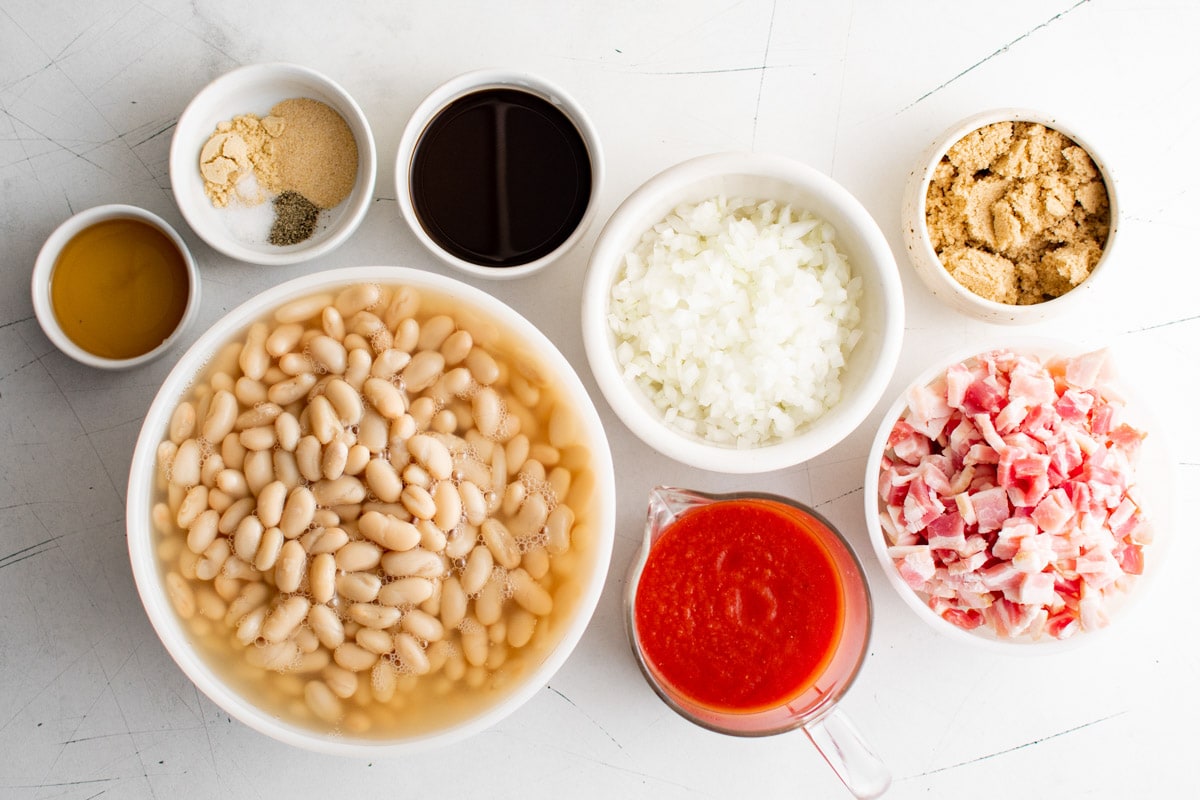 Ingredients needed to make pork and beans from scratch. 
