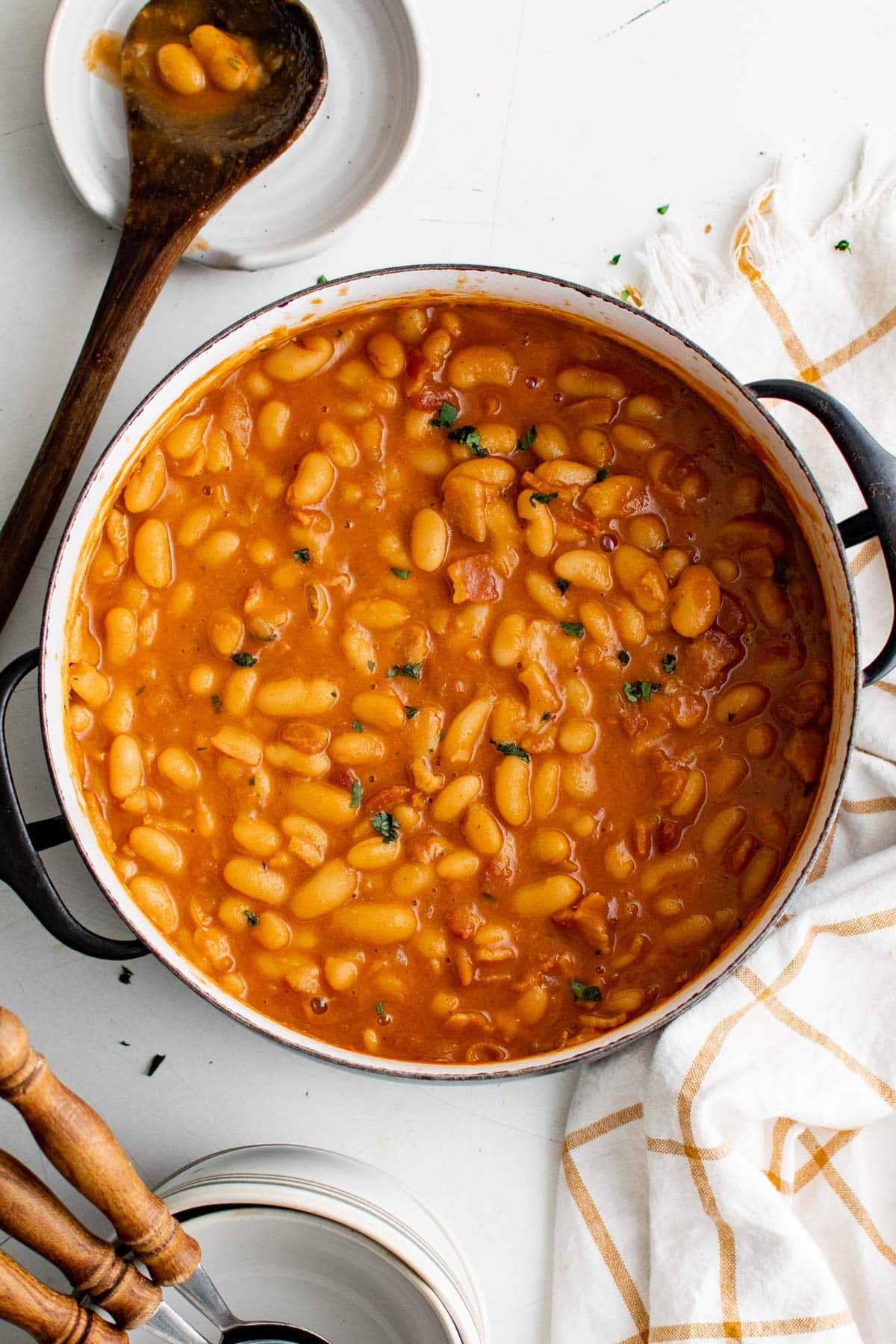 Large pot of homemade pork and beans.