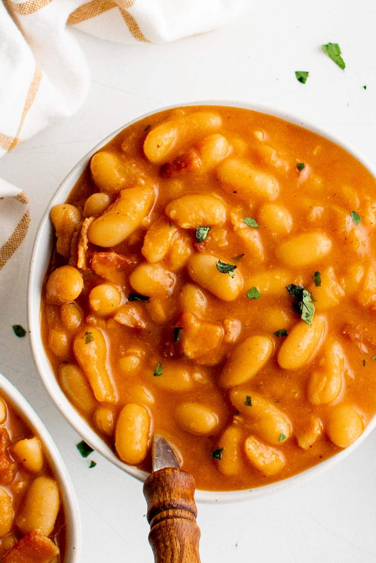 Bowl of homemade pork and beans with a spoon. 