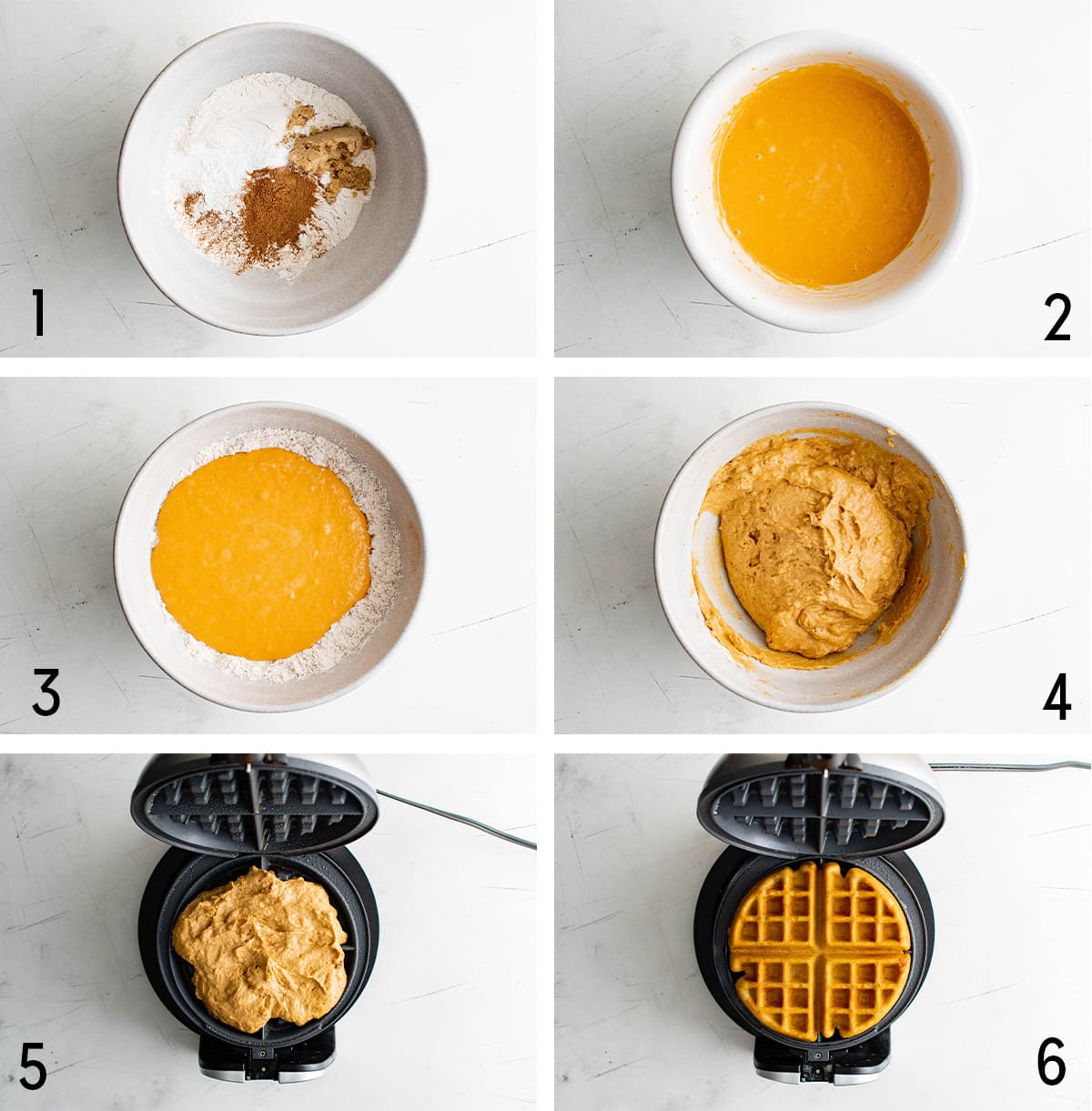 Collage of images showing how to make pumpkin waffles.