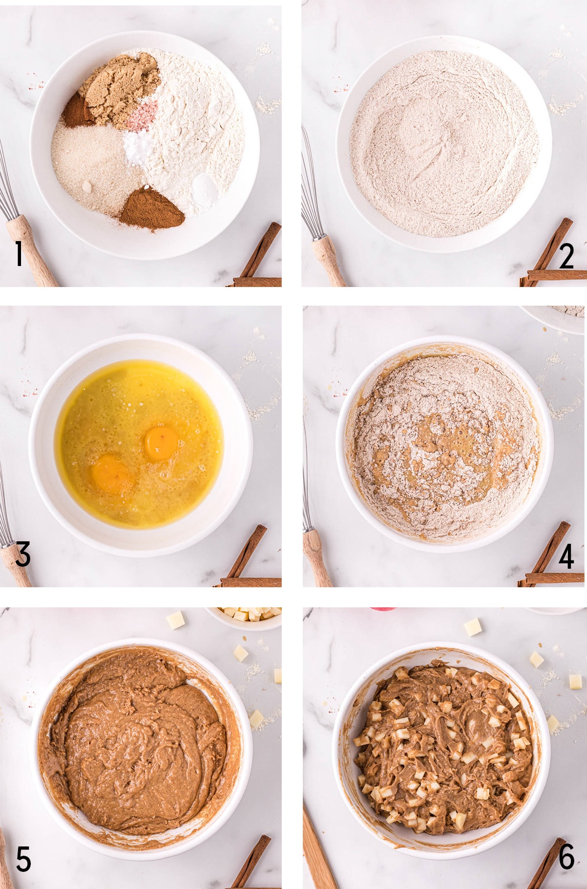 Collage of images showing the process of making apple muffins.