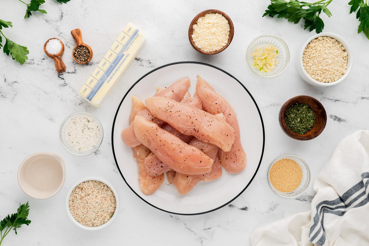 Ingredients needed for baked chicken tenders. 