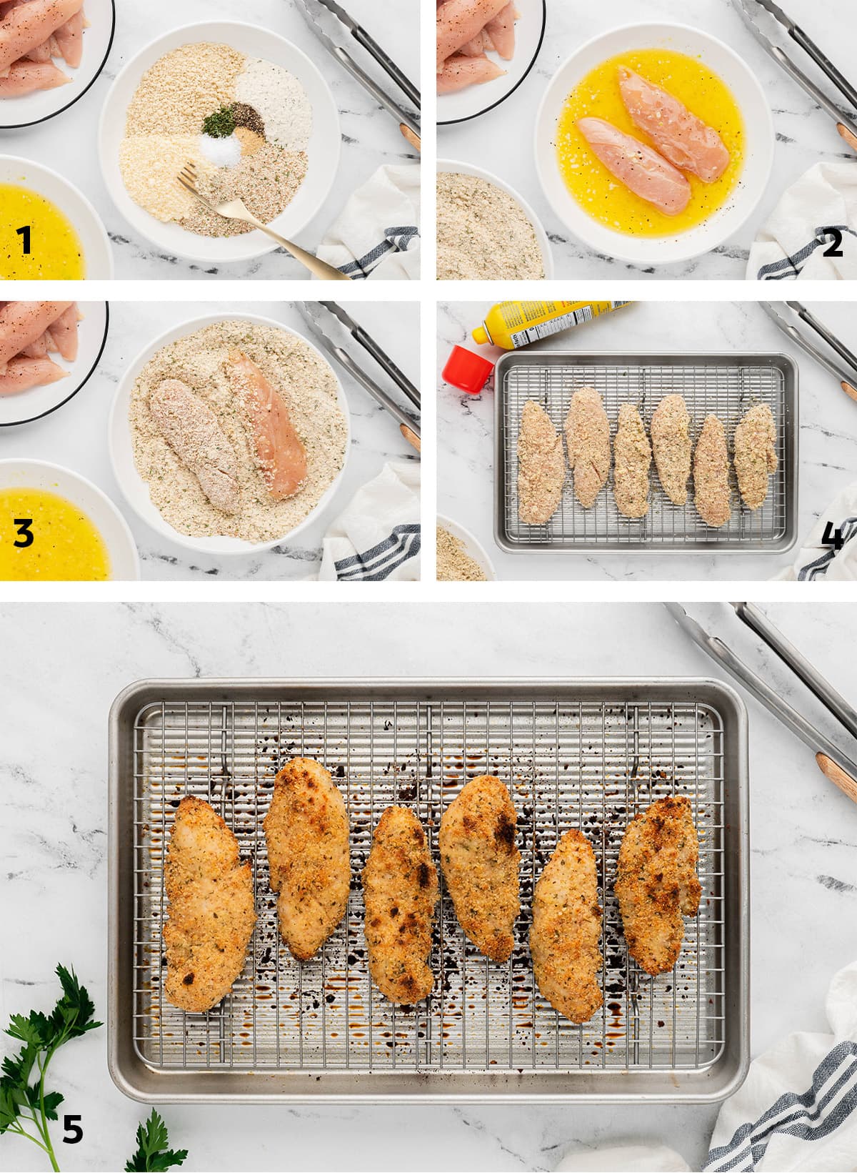 A collage of 5 images showing the steps for making baked chicken tenders