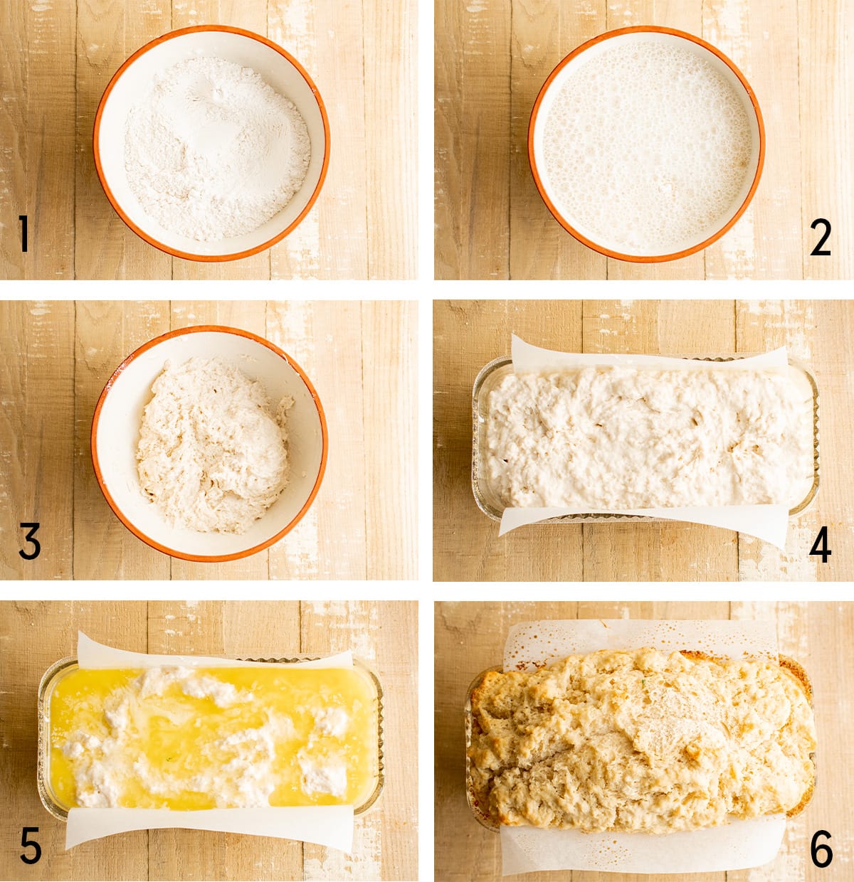 Collage of images showing the steps to make beer bread. 