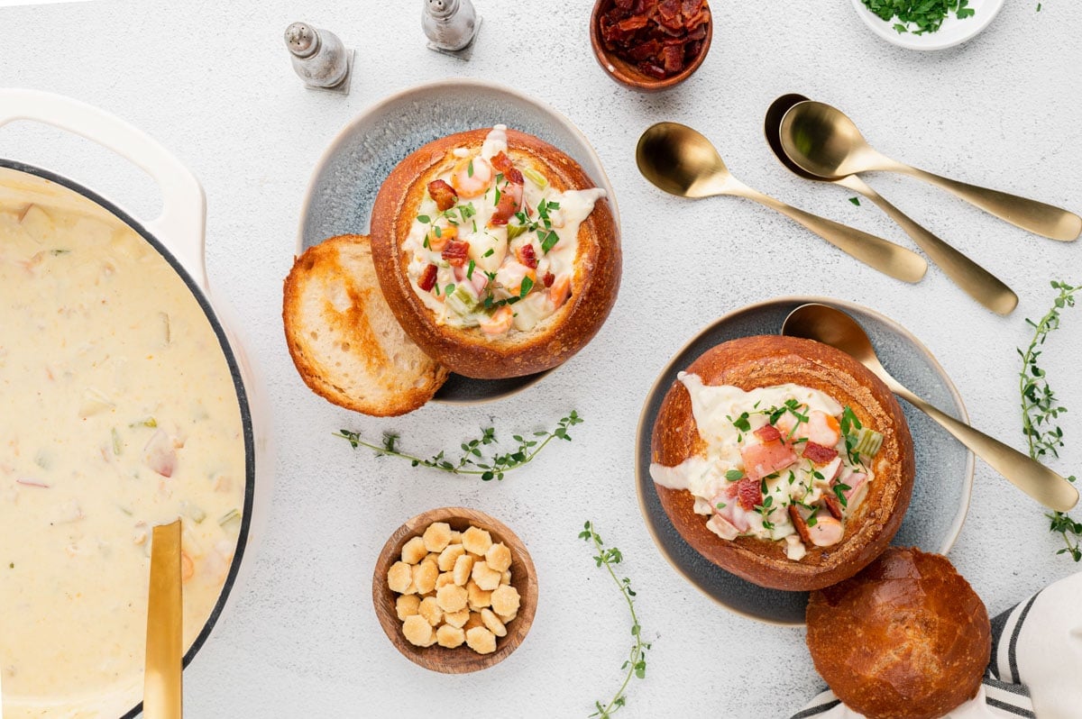 Clam chowder bread bowls, oyster crackers.