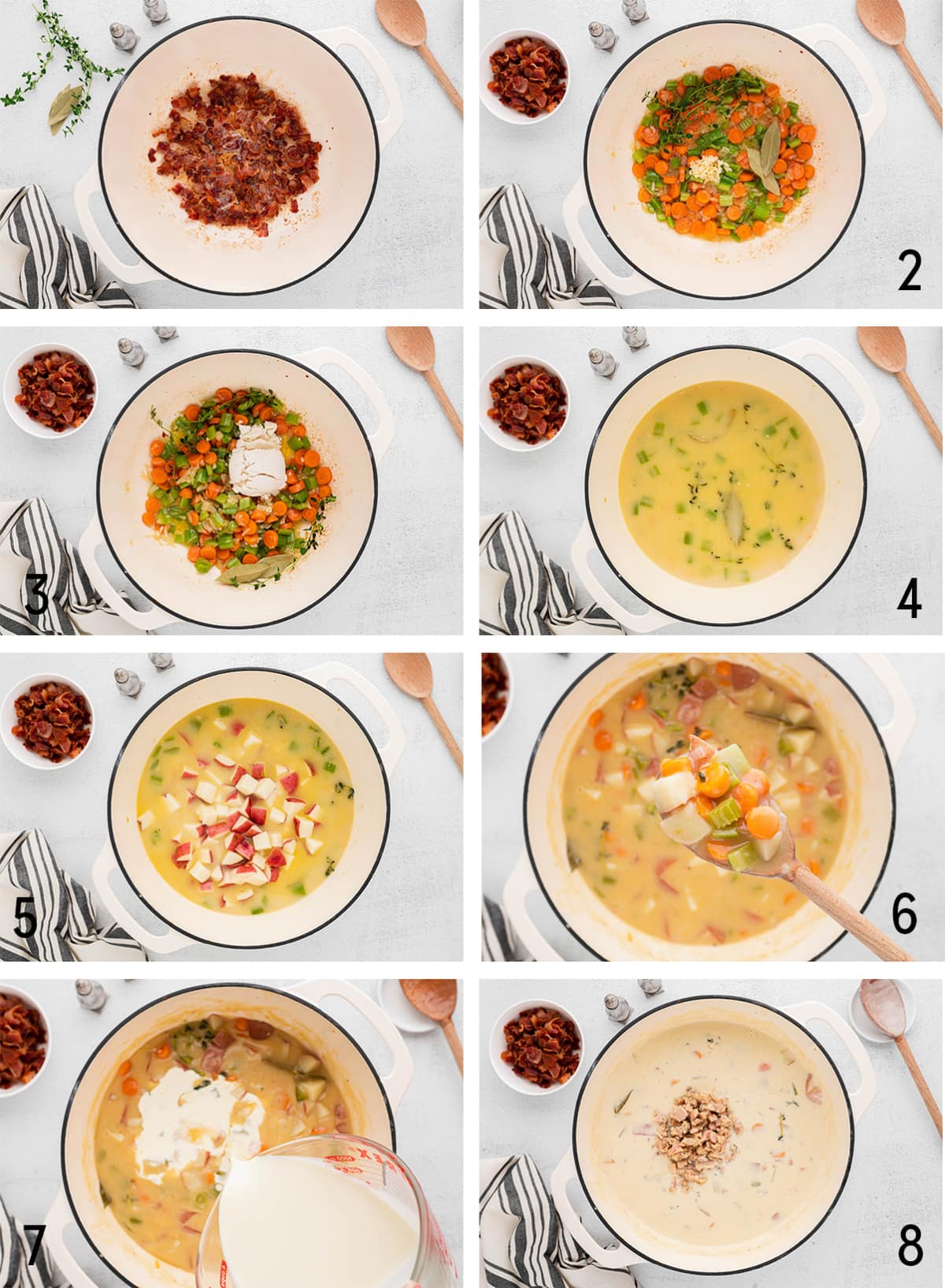Collage of images showing the steps and process for making clam chowder.