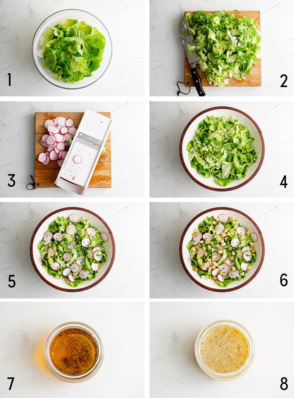 Collage of images showing how to prep a salad with butter lettuce, and the vinaigrette dressing.