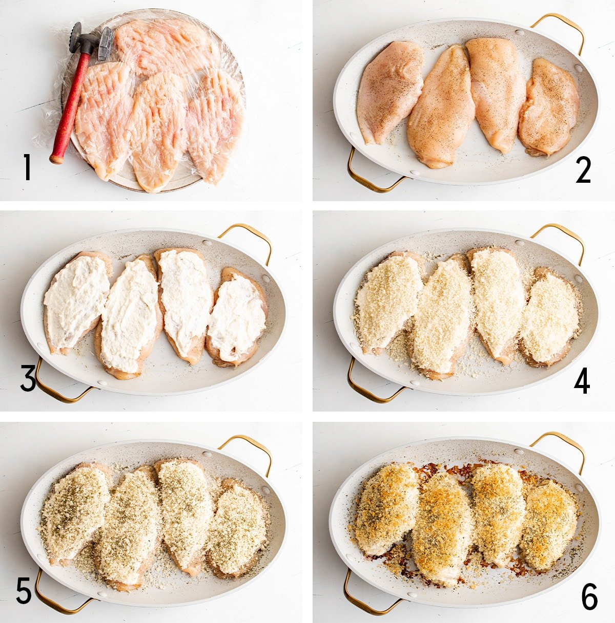 Collage of images showing the steps for making crispy payo chicken.