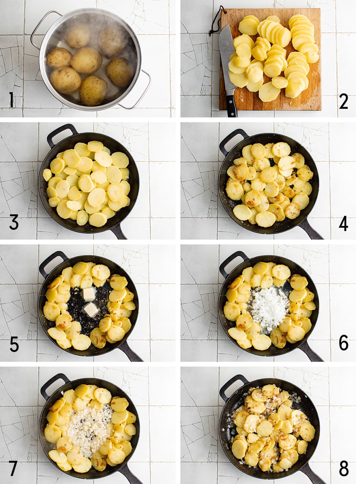 Collage of images showing how to make fried potatoes.