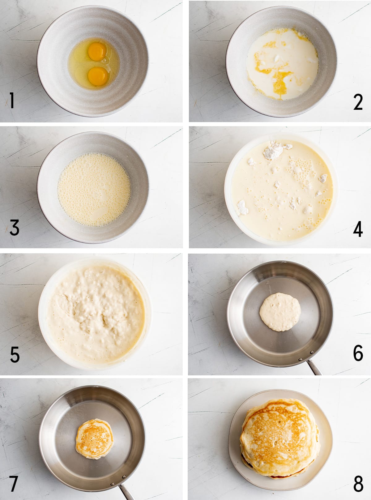 Collage of images showing the steps for how to make pancakes.