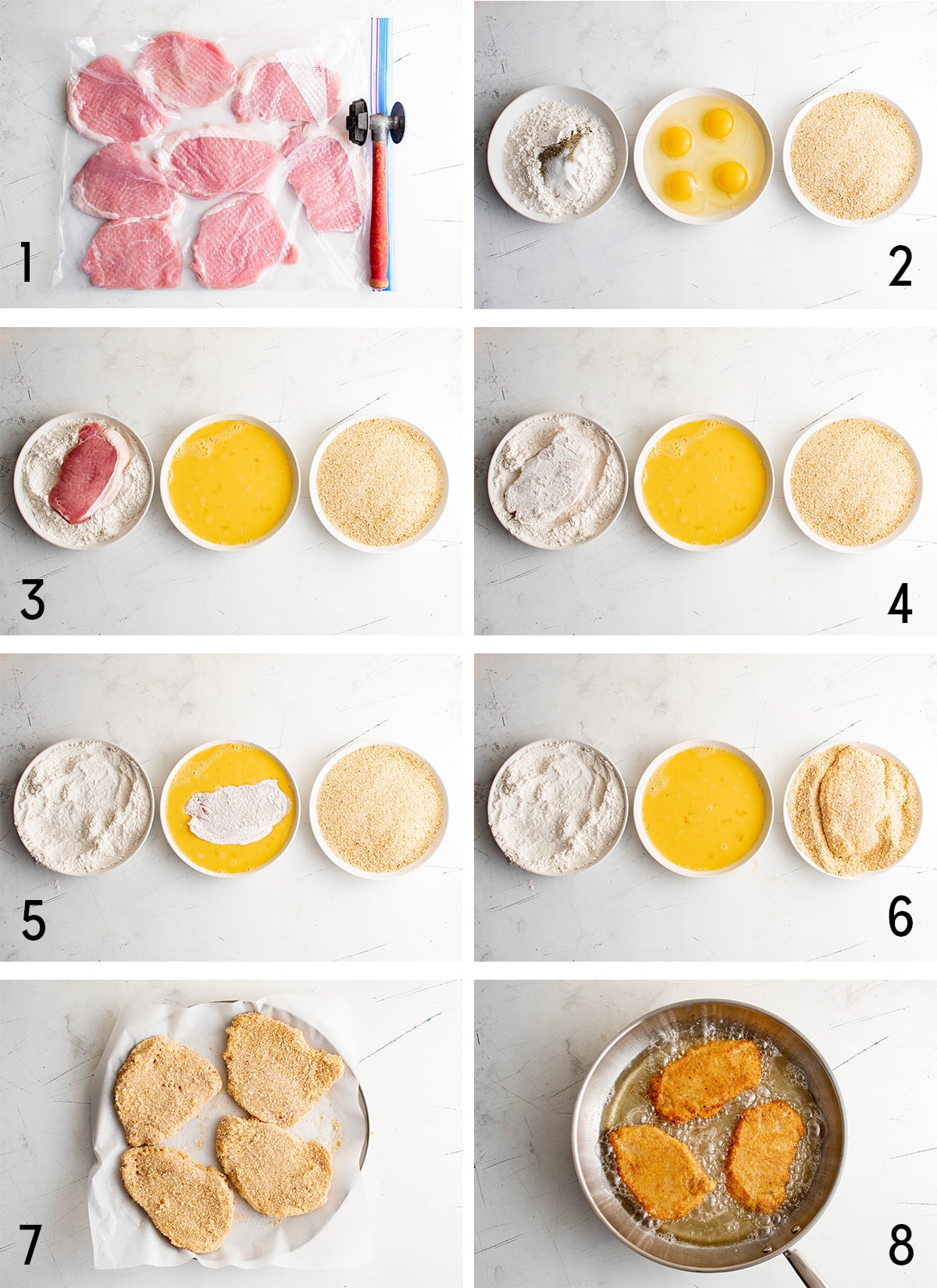 Collage of images showing how to make pork schnitzel.
