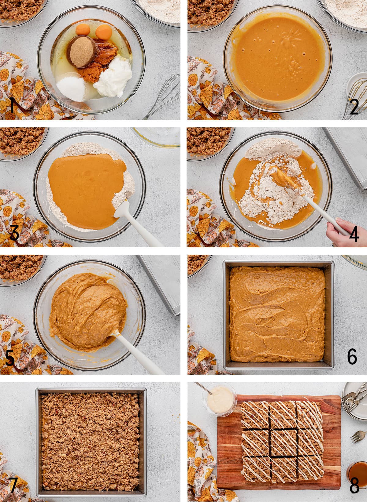 Collage of images showing the steps to making a pumpkin coffee cake.