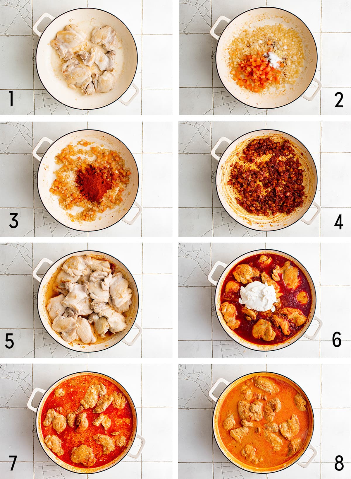 Collage of images showing how to make chicken paprikash.