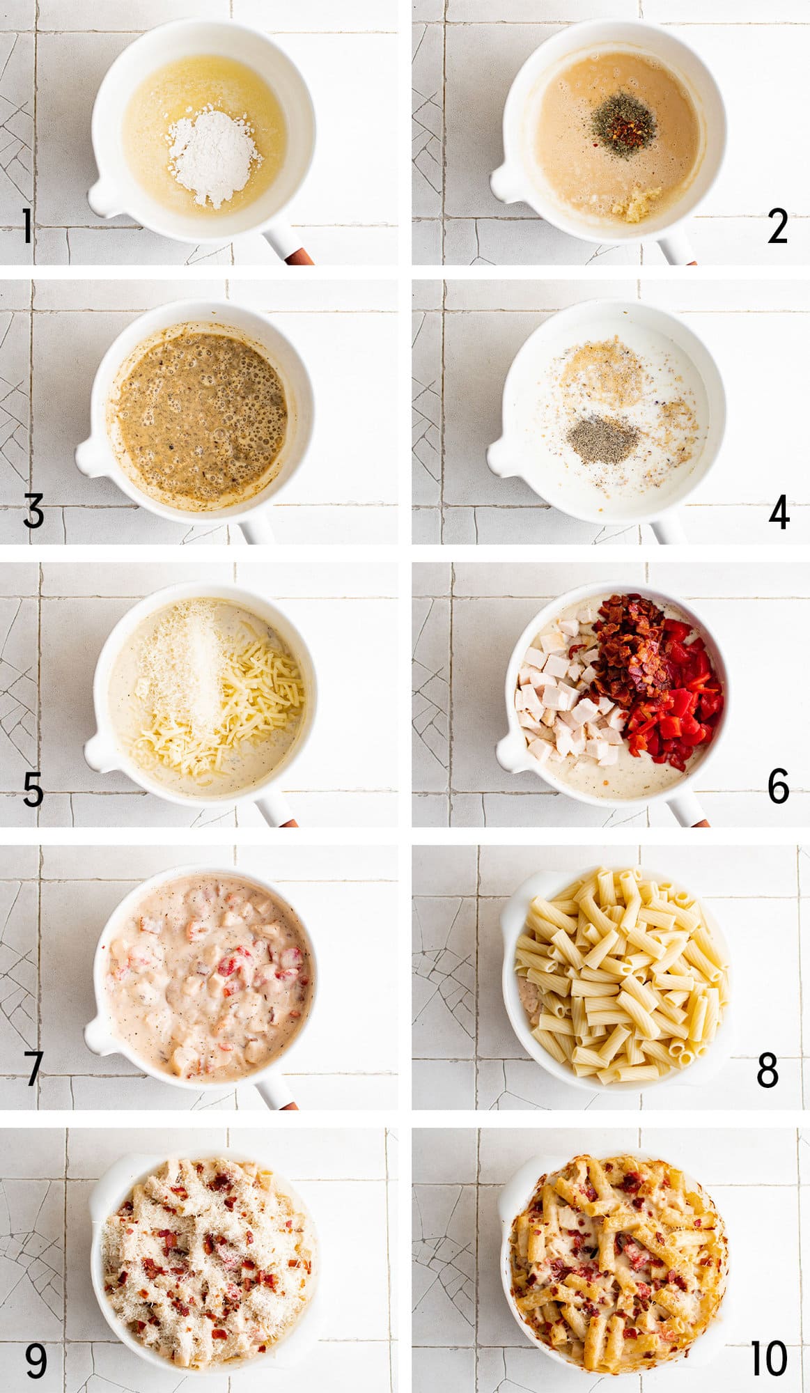 Collage of images showing how to make a cheese sauce and assemble a chicken pasta bake.