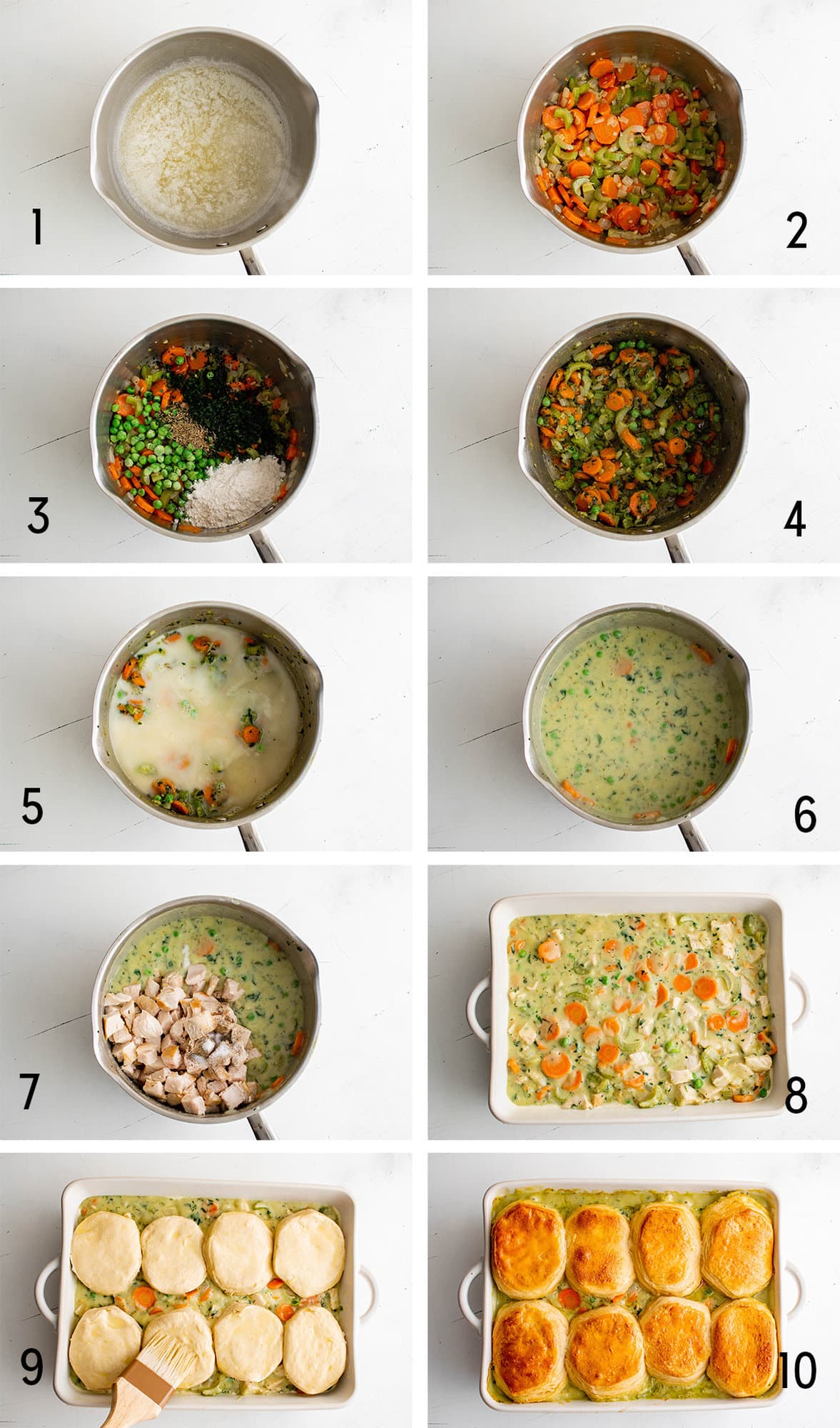 Collage of images showing how to make chicken pot pie with biscuits.