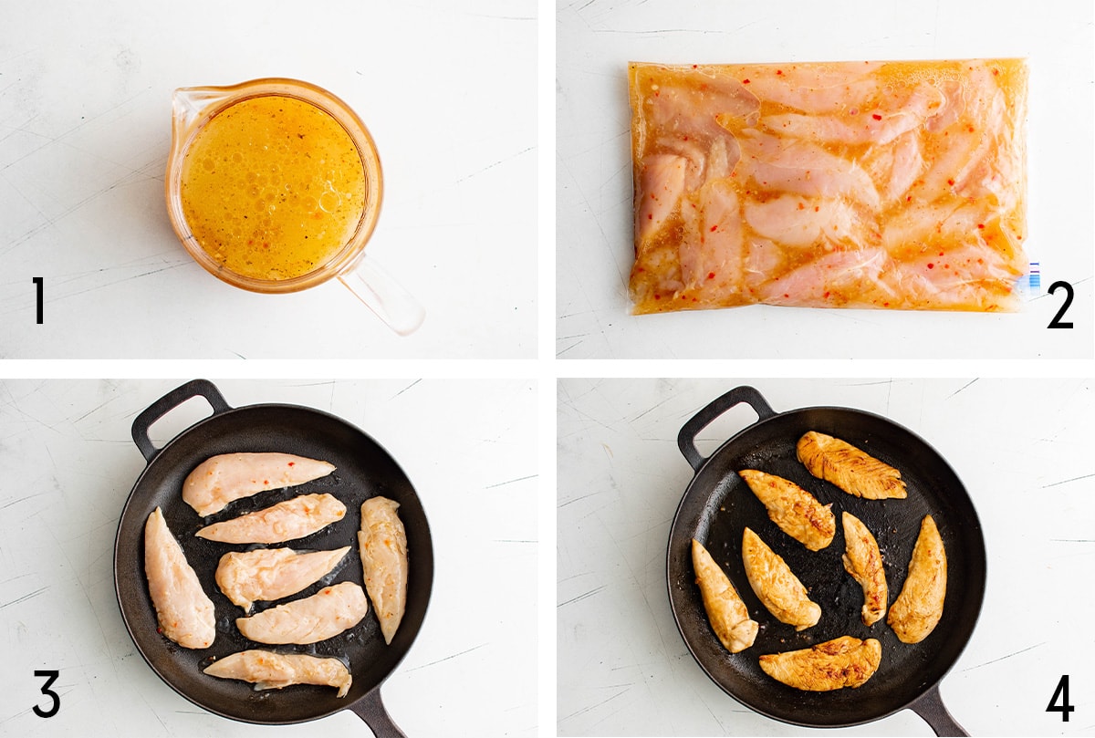 Collage of images depicting the steps for making cracker barrel's chicken tenders.