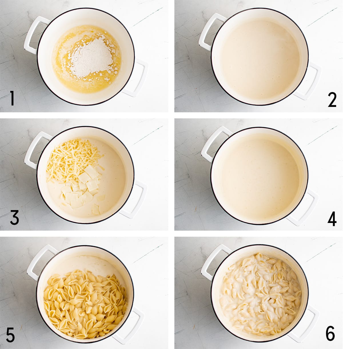 Collage of 6 images depicting the steps for making Panera mac and cheese