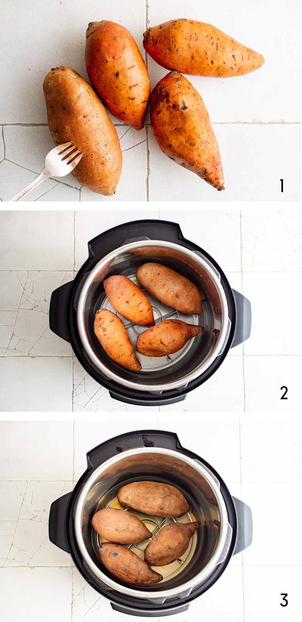 Collage of 3 images showing sweet potatoes cooking in an instant pot.