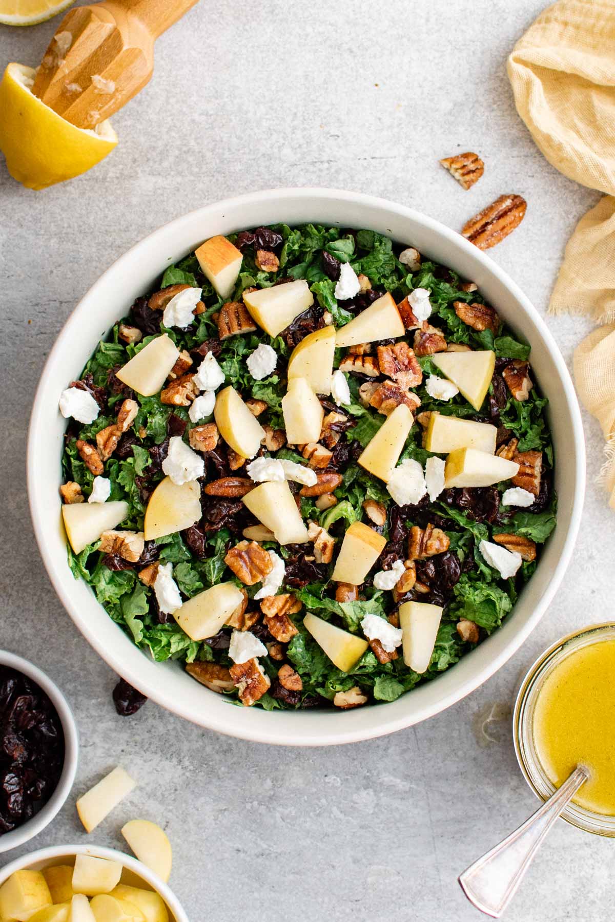 Kale Salad with apples, pecans, cherries and goat cheese.