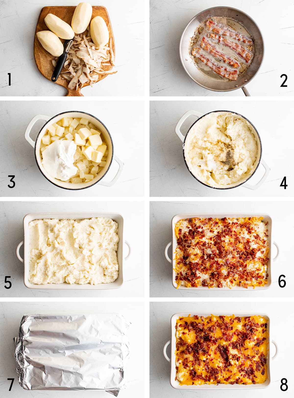 Collage of images showing how to make loaded mashed potatoes.