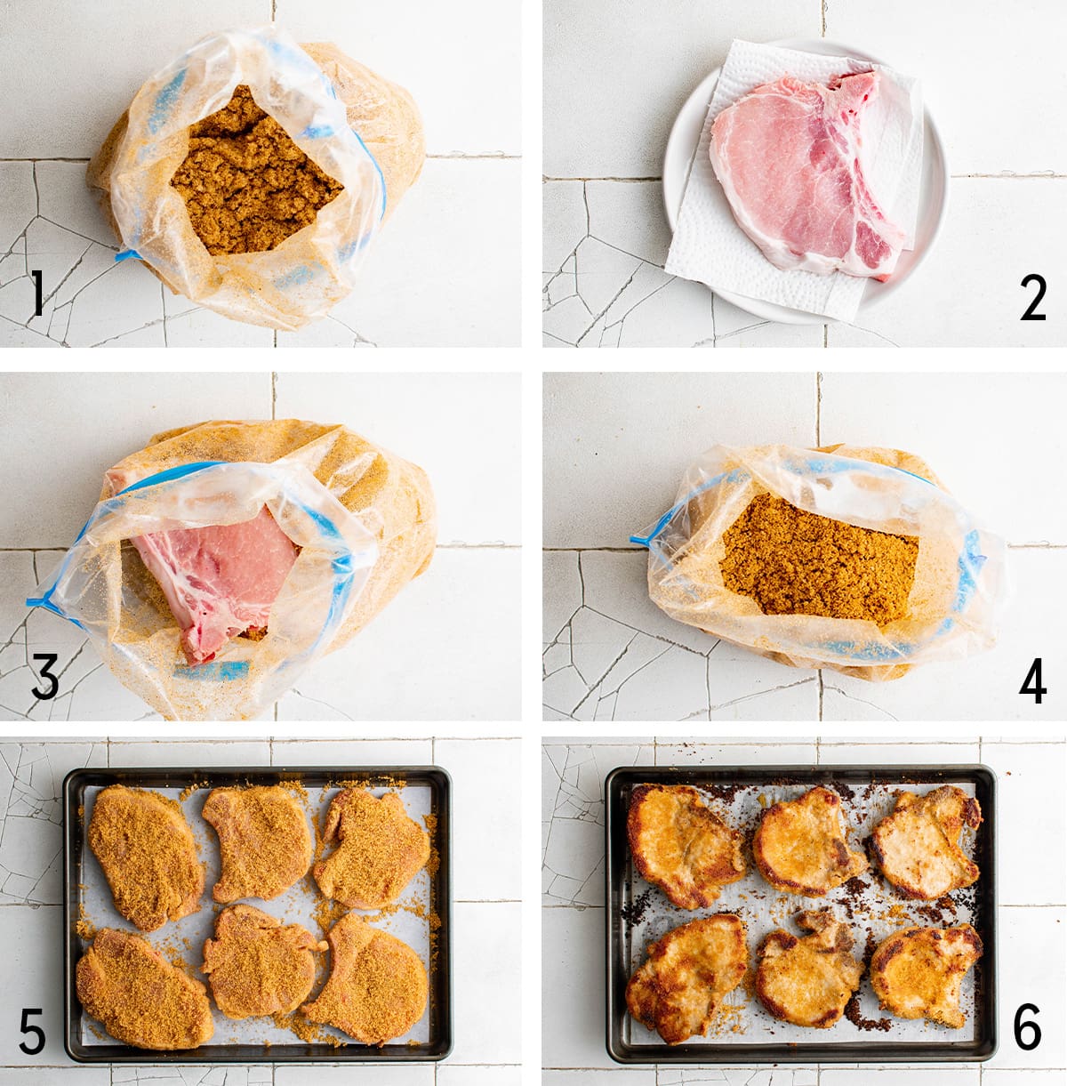 Collage of images showing the steps for making breaded baked pork chops.