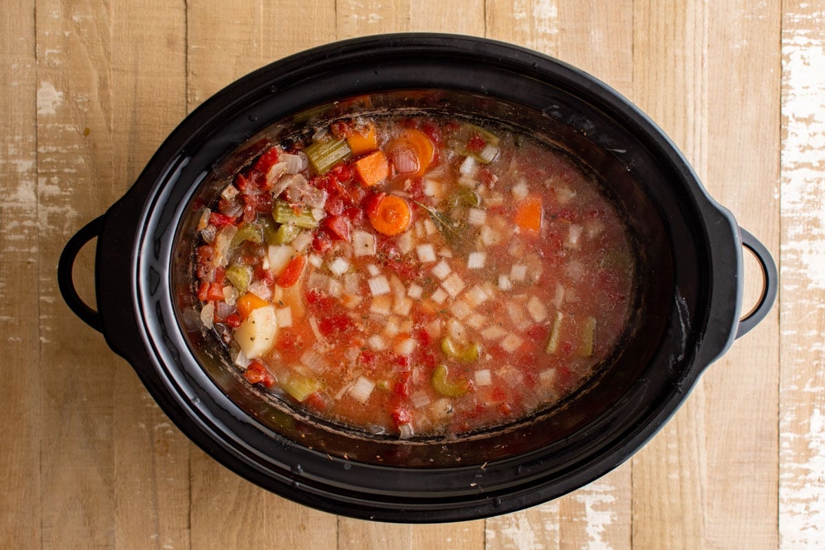 Slow cooker chicken stew finished cooking.