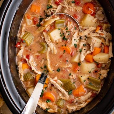 Slow cooker chicken stew social media image.