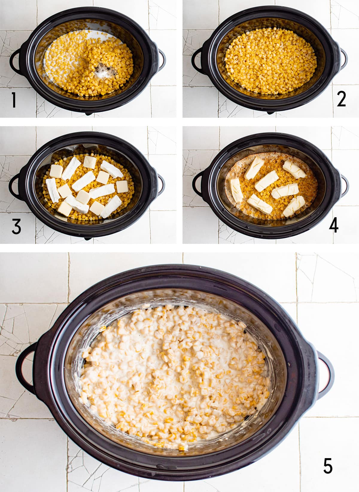 Collage of images depicting the steps for making slow cooker cream style corn. 
