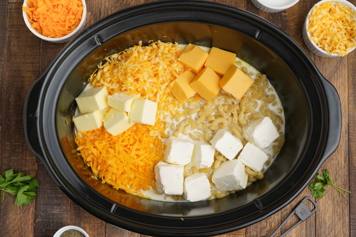 Noodles, blocks of cream cheese and velveeta, and shredded cheese in a slow cooker.