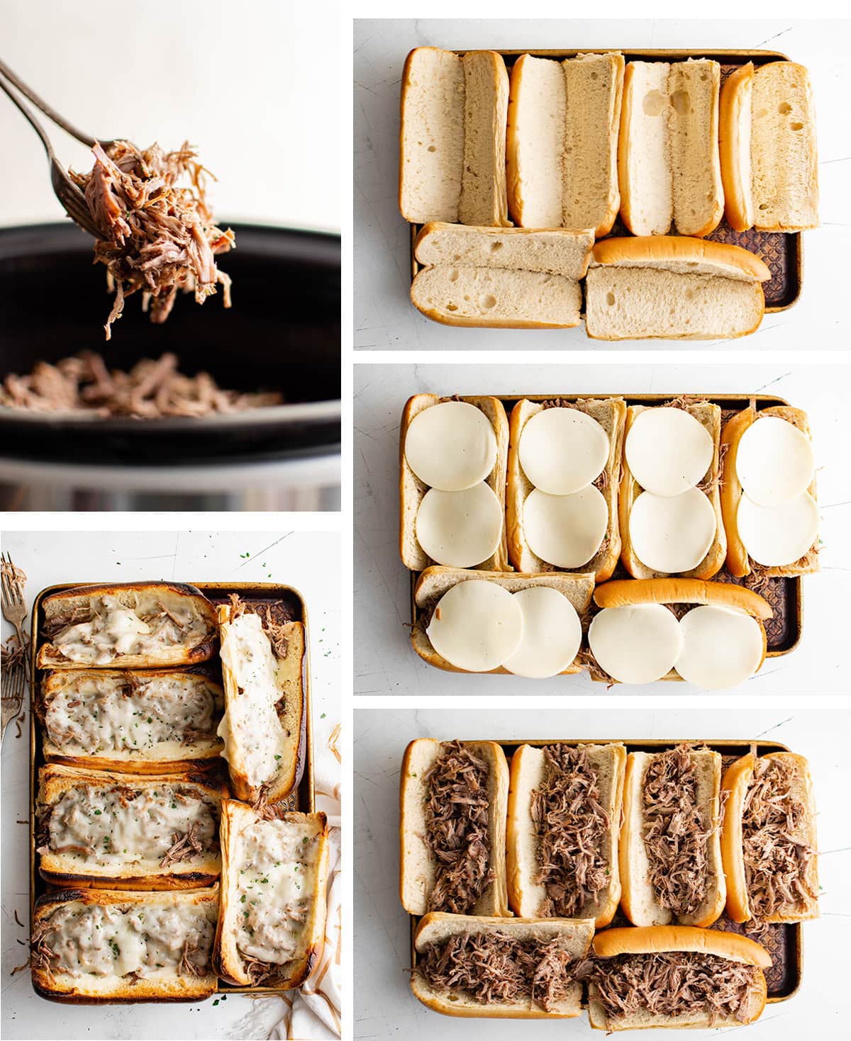 Collage of images showing how to assemble beef sandwiches.