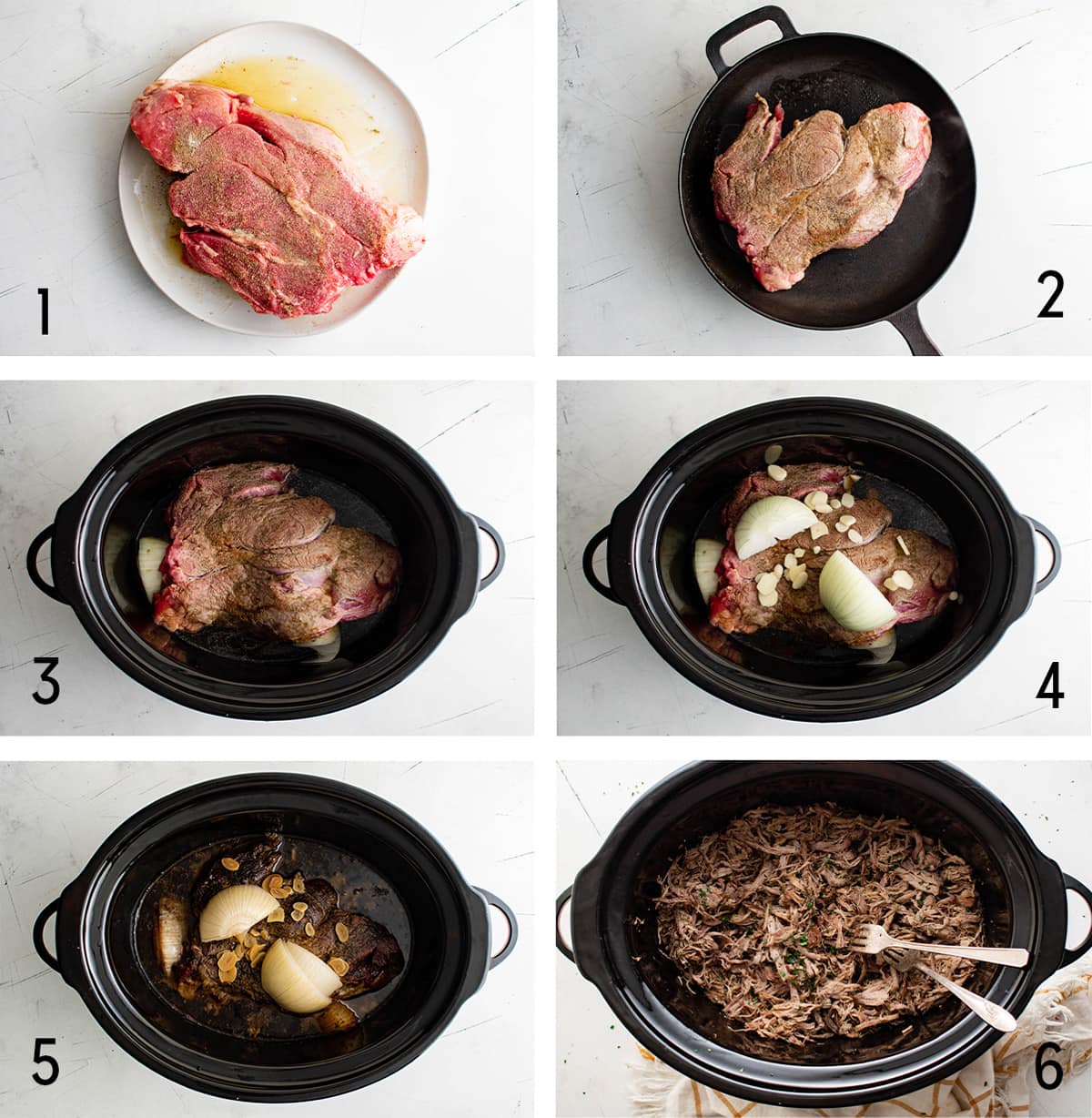 Collage of images showing how to make shredded beef in the crock pot