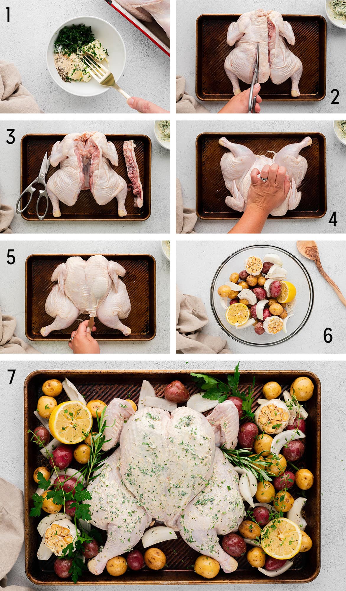 Collage of images depicting the process for prepping and roasting a spatchcock chicken.