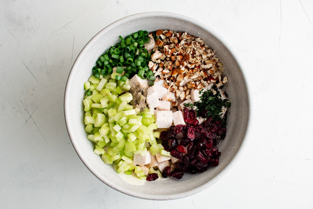 Bowl of celery, parsley, pecans, diced turkey and cranberries.