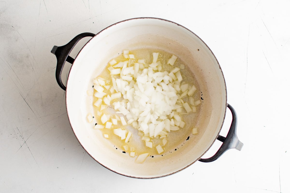Diced onions in a large soup pot.