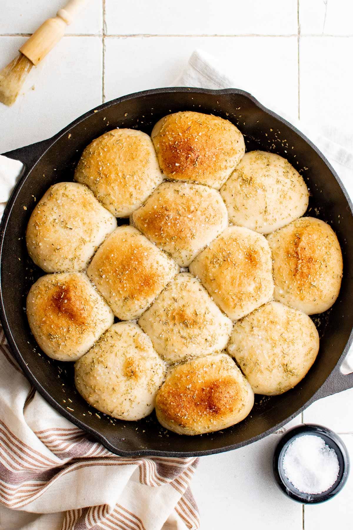 Baked Rhodes rolls in a cast iron skillet. 