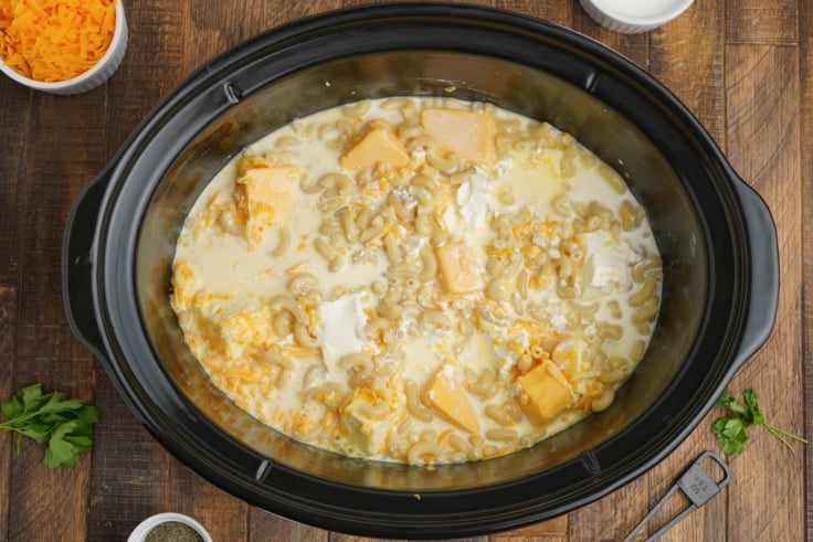 Macaroni, cheese, and evaporated milk in a slow cooker.