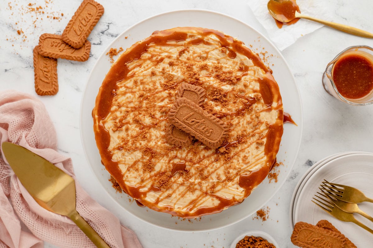 Biscoff cheesecake drizzled with caramel and cookie crumbs.