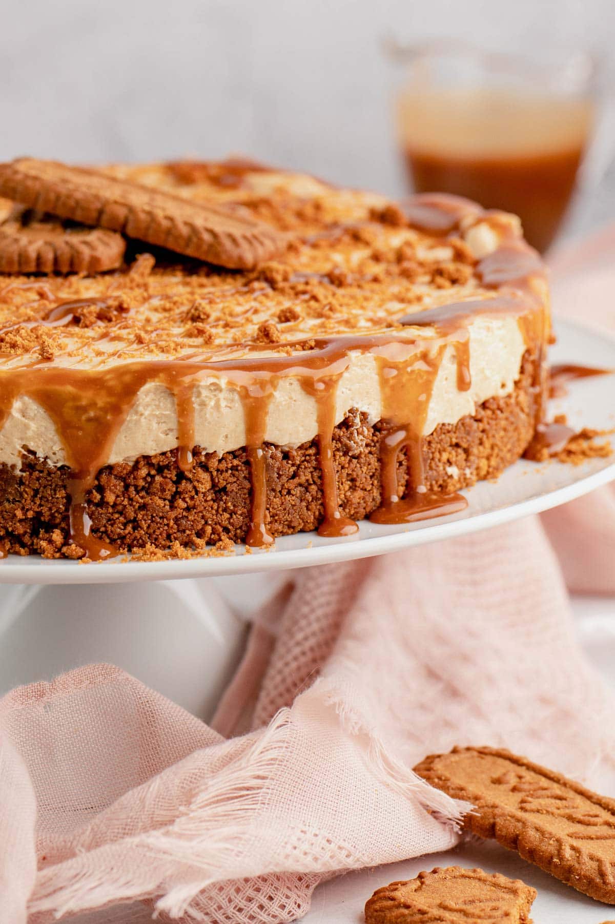 Biscoff cheesecake with crushed cookie crust and melted cookie butter drizzle.