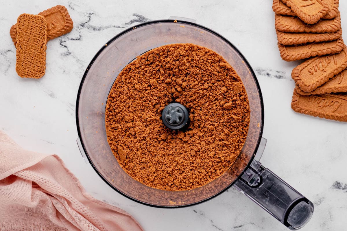 Crushed cookies in a food processor.