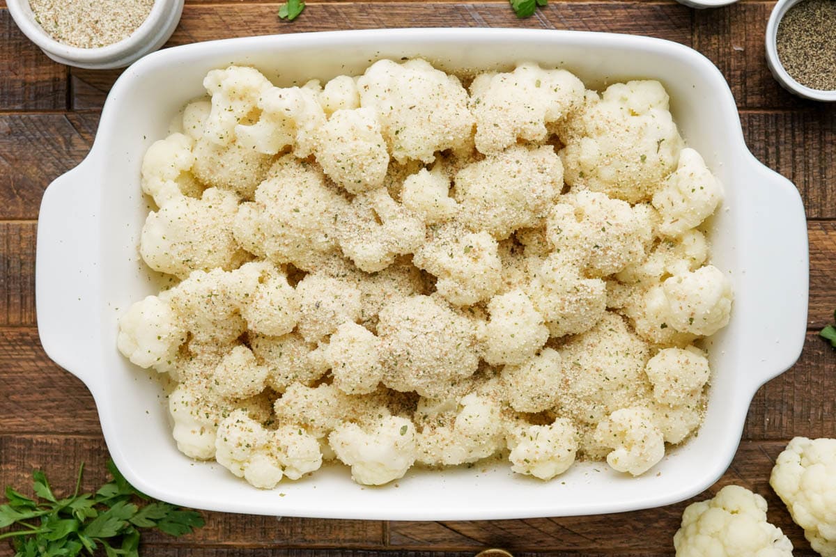 Breadcrumbs sprinkled over the top of cheesy cauliflower.