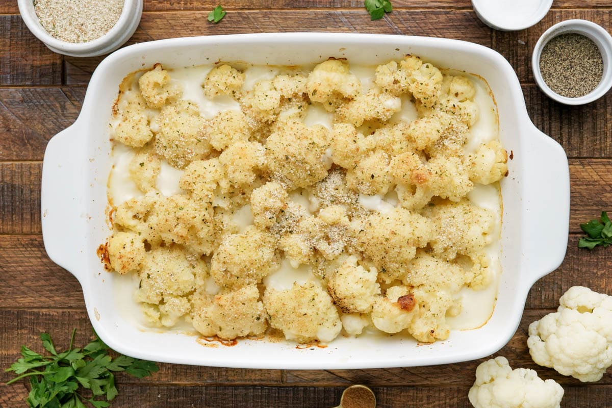 Baked Cauliflower Gratin with breadcrumbs on top.